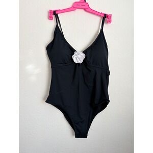 Betsey Johnson Swimsuit Set XL Black New 1pc Swimwear White Rose Mesh Skirt